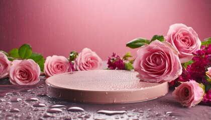 round podium with water and flowers on pink background with drops empty round plate with water drops and roses copy space spring cosmetic concept