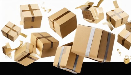closed and taped cardboard parcel boxes falling on transparent background with shadow