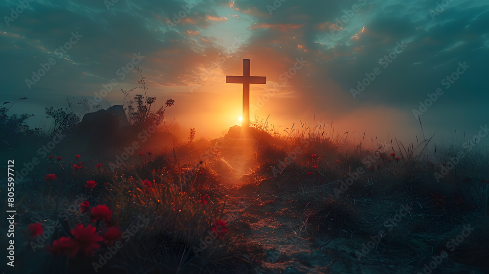 Wall mural jesus christ cross easter resurrection concept christian cross on a background with dramatic lightin