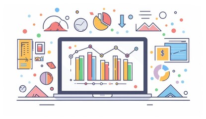 Flat vector illustration of an online dashboard with graphs and charts, surrounded by icons representing data analysis tools.