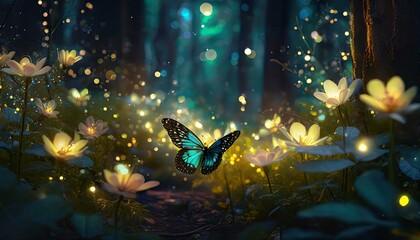 fairy forest at night fantasy glowing flowers butterfly and lights generate ai