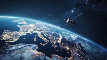 Telecommunication satellite providing global internet network and high speed data communication above Europe. Satellite in space, low Earth orbit. Worldwide data communication technology.