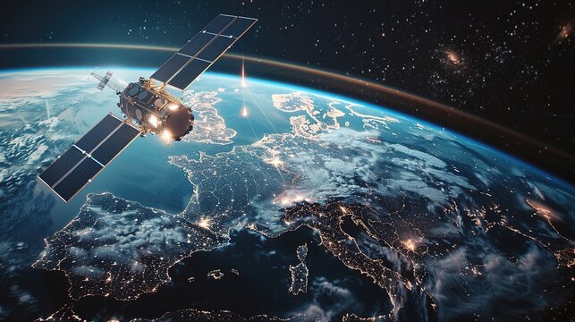 Telecommunication satellite providing global internet network and high speed data communication above Europe. Satellite in space, low Earth orbit. Worldwide data communication technology.