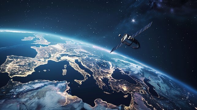Telecommunication satellite providing global internet network and high speed data communication above Europe. Satellite in space, low Earth orbit. Worldwide data communication technology.