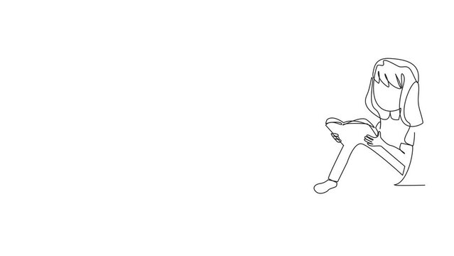 Animation of continuous line drawing smart girl sitting while reading the book. Read books alone to focus on studying. The fast learner. Book festival concept. Happy reading. Full length motion