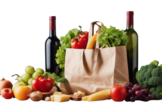 Healthy food background Healthy food in paper bag fish pasta vegetables fruits and wine bottles isolated on transparent background