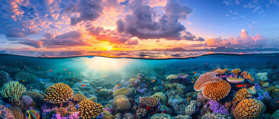 Sunrise illuminates vibrant colors of coral reef, creating a beautiful underwater scene filled with...