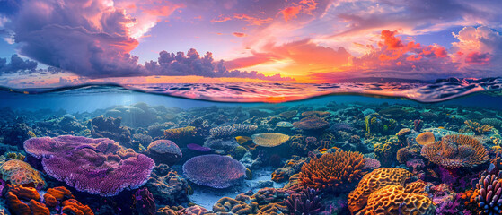 Sunrise over a beautiful coral reef, the vibrant colors of the ocean shining through.