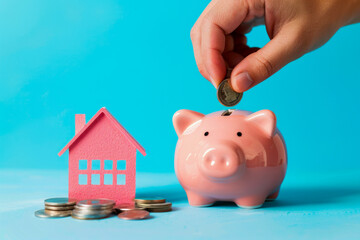 A meaningful composition featuring a hand putting a coin into a piggy bank, with a paper house in the background, symbolizing the idea of saving for a home.