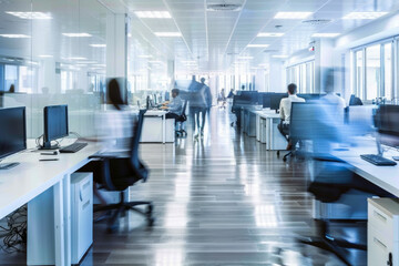 Fototapeta premium A vibrant depiction of professional life, with blurred motion conveying the sense of urgency and productivity as business people move through the office corridor, focused on their objectives.