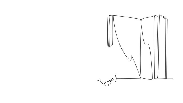 Animation of single continuous line drawing happy girl sitting in front of a big open book reading a book. Serious and focused learning increases insight. Book festival concept. Full length motion