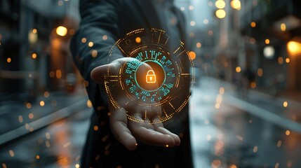 View of Businessman holding Security padlock wheel icon with stats and binary code 3d rendering