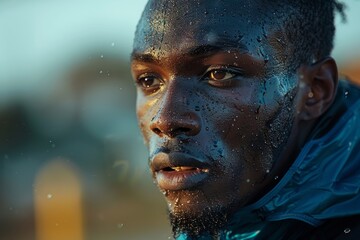 A male athlete's face is captured up-close, glistening with sweat, showing intense focus and determination