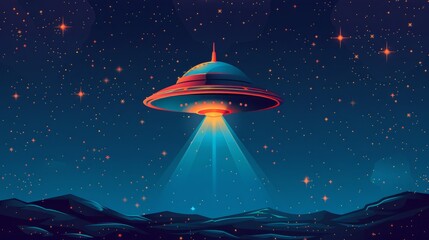 simple, artistic banner featuring a ufo spaceship and stars on a dark blue background to celebrate ufo world day