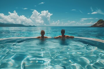 A relaxed couple floats in the undisturbed water of an infinity pool, gazing out towards the infinite horizon and clear skies
