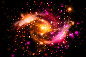 Vibrant neon galaxy with pink and orange shimmering stars. Stunning abstract artwork on black background.
