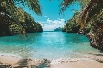 A serene tropical beach with clear turquoise water flanked by lush palm trees and a view of distant islands