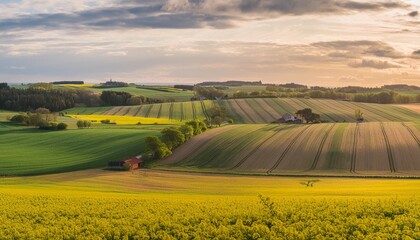 a scanian southern sweden landscape filled with fields of green gold and yellow taken in billebjer lunds kommun sweden