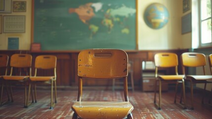 back to school theme empty classroom with vintage wooden chairs and school board displayed in a vintage tone setting