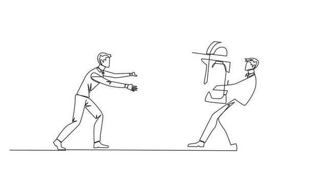 Animated self drawing of one line drawing of two egoistic businessmen fighting over the treasure chest. Feel most entitled to the discovery of treasure. Rivalry. Full length single line animation