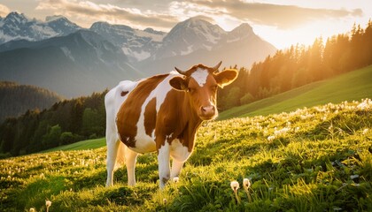 spotted cow grazes in an alpine meadow - Powered by Adobe