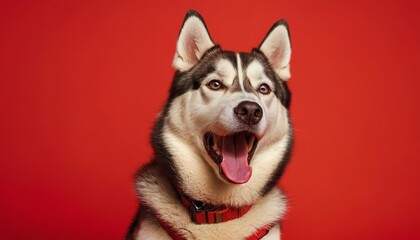 emotional dog, surprised Siberian husky, Portrait of a happy husky on a red background, isolated. copy space