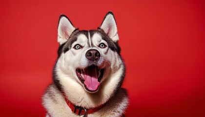 Portrait of a happy husky on a red background, emotional dog, surprised Siberian husky, isolated. copy space