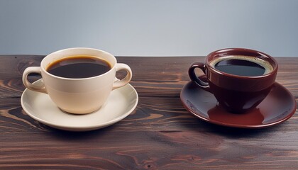 two cups of coffee on wooden table isolated on light background