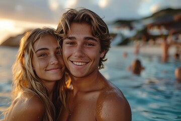 Teenage couple smiling and embracing in a pool at sunset