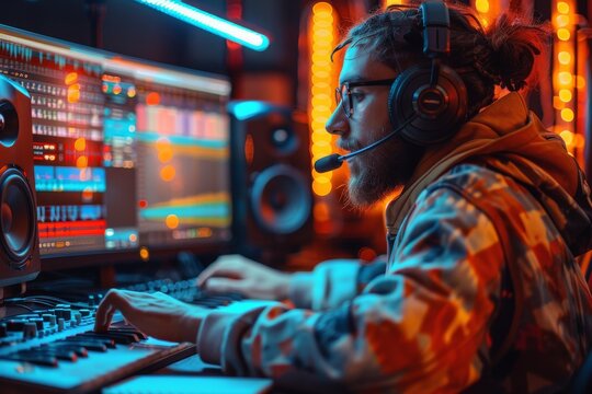 An engaged music producer focused on creating beats with sophisticated digital audio workstation tools