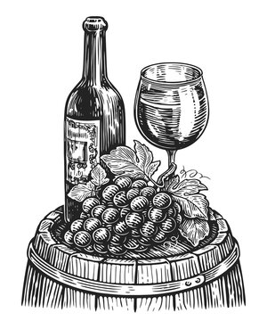 recommend clip art: Bottle of wine with a glass and grapes on wooden barrel. Winery concept. Sketch drawing clipart
