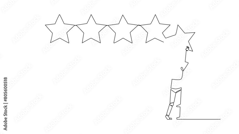 Poster self drawing animation of single continuous line drawing robot holding up a star with both hands and