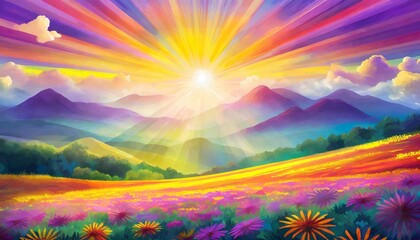 psychedelic art landscape with sunset and mountains sky flower field hippie illustrations with clouds waves and sun rays vector background