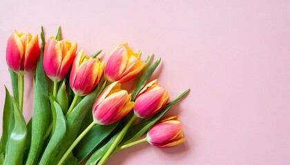 tulip bouquet on pink background with copy space flat lay style greeting for women s day mother s day or spring sale banner