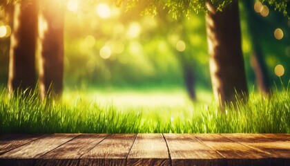 beautiful spring background with green grass and trees an empty wooden table in nature outdoors natural pattern with beauty bokeh and sunlight generative ai