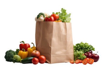 Healthy food background Healthy vegetarian food in paper bag pasta vegetables and fruits isolated on transparent background