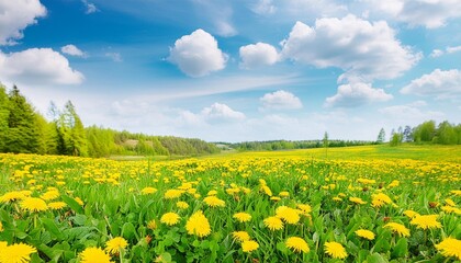 beautiful meadow field with fresh grass and yellow dandelion flowers in nature against a blurry blue sky with clouds summer spring natural landscape