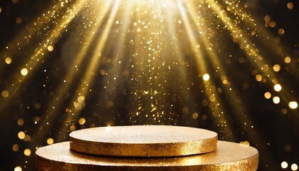 golden stage as circles with 3d effect background with glitters and spotlights on black background