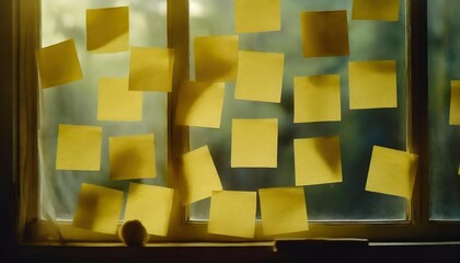 blank yellow sticky notes on a window as part of a productivity system