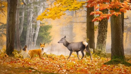 an autumn forest with a deer and a fox among the trees digital painting