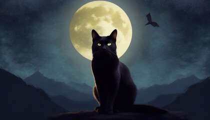 black cat looking at the scene moon illustration