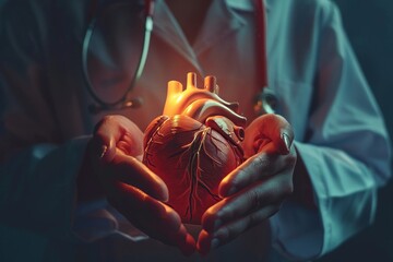 Human heart is held in the hands of a medical doctor, with light glowing from within it in a hyper realistic style.