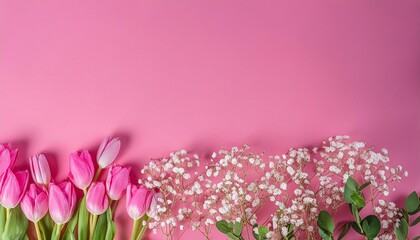 summer background of tulip flowers on a pink background