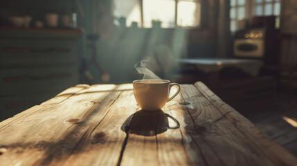 A steaming cup of coffee on an old wooden table, with the morning sun casting long shadows and creating a cozy atmosphere in a cabin kitchen. 