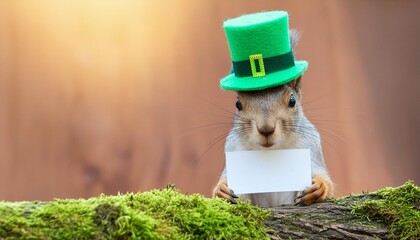 cute happy squirrel wearing a lucky green hat and holding a banner st patrick s day concept