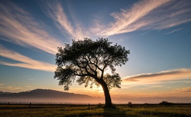 professional photograph of single tree in sunset