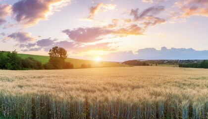 rural landscape with wheat field on sunset