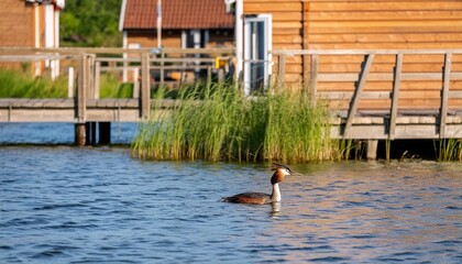 great crested grebe taken just outside summerhouse in the coast of sweden