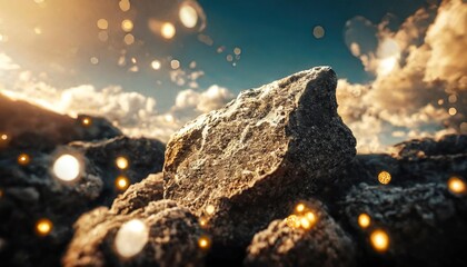an ancient rock for a product display showing close focus to the stone surface with an artistic cloud surround and bokeh balls sky background