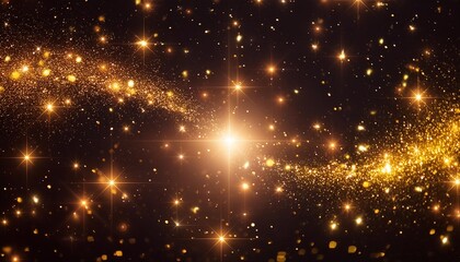 particules et etoiles scintillantes et brillantes volant sur fond sombre noir lumiere etoile paillette doree et flou cosmos univers espace fond pour banniere conception et creation graphique